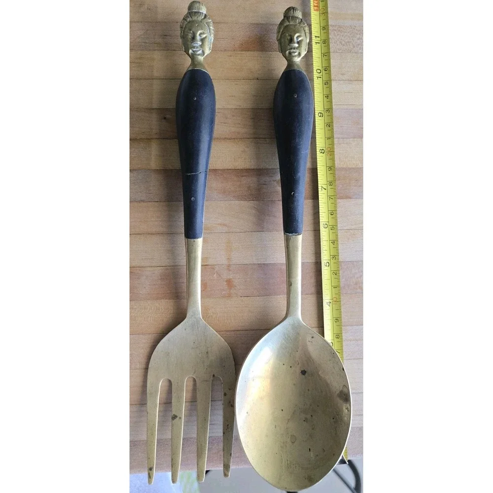 Antique Asian Woman - Brass & Teak Wood‎ Service Spoon & Fork - SZ L 12
